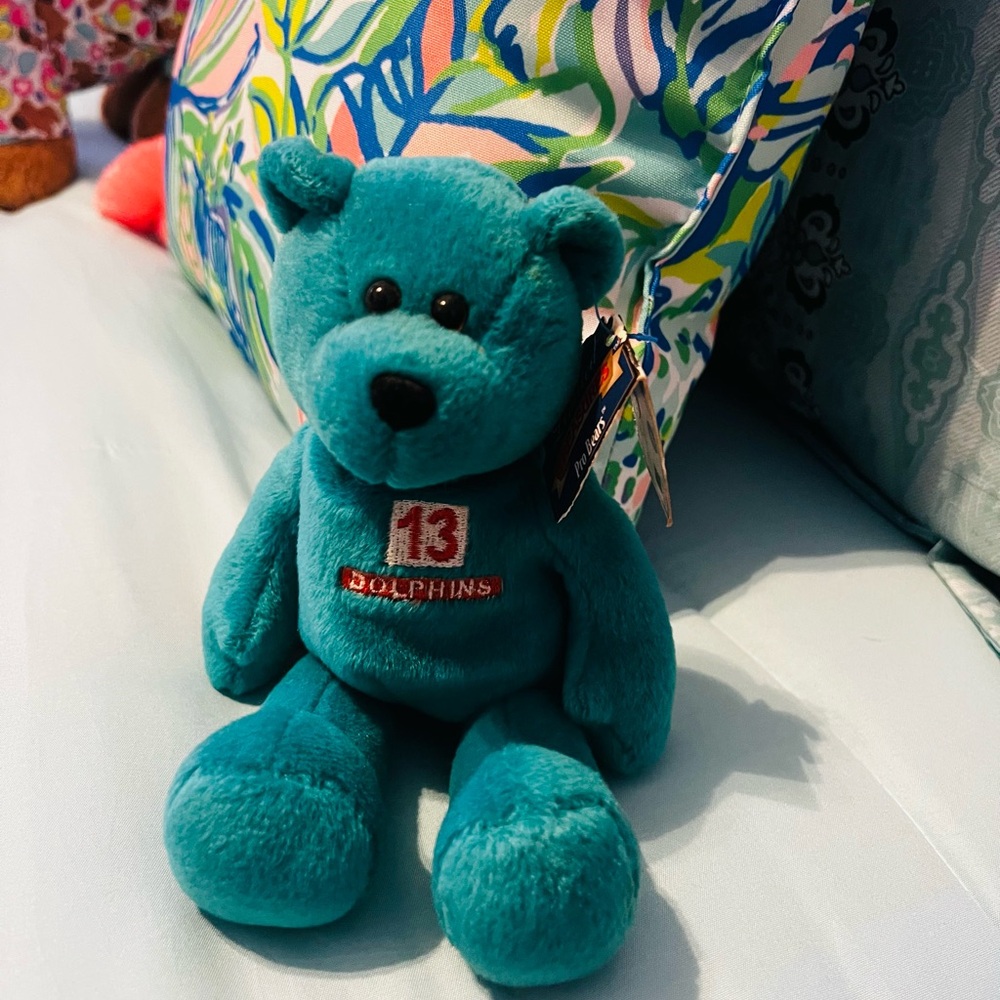 Teal Plush Bear with Dolphins Logo. Dan Marino Beanie Babies 🩵🧡
